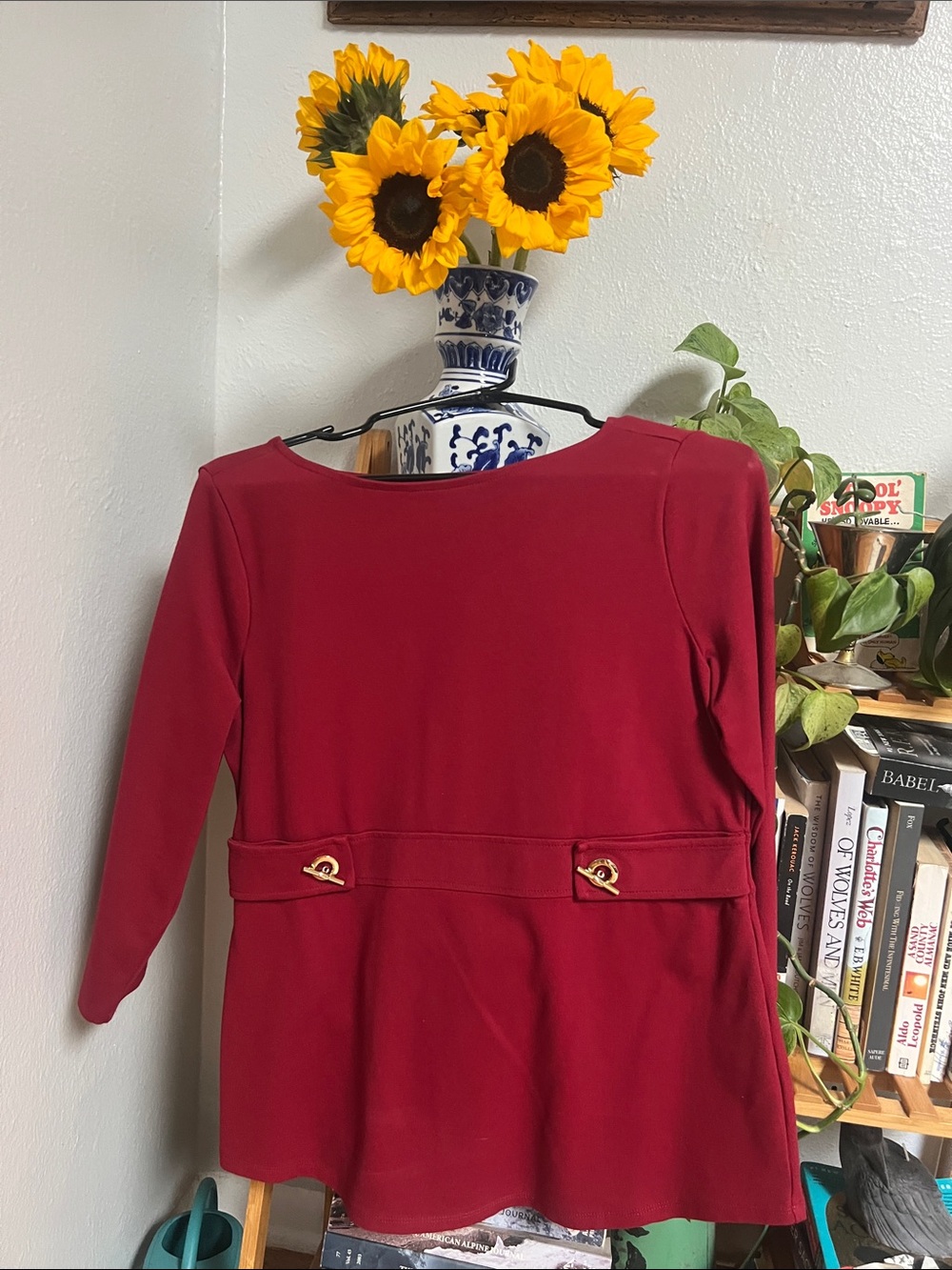Chico's Red Blouse with Gold Accents